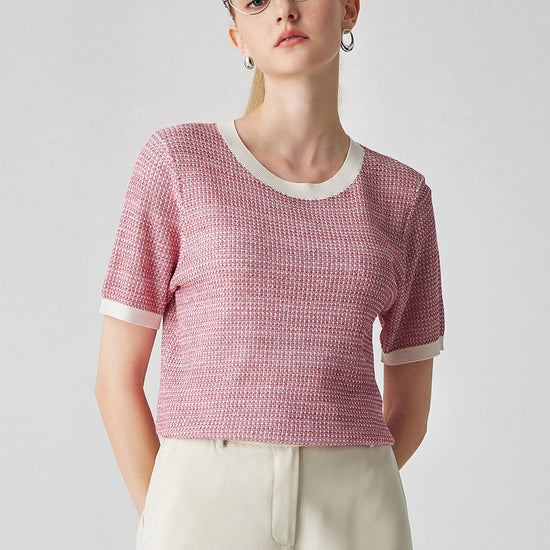 COMOBOCA Pink Women's Chic Striped Knit T-Shirt