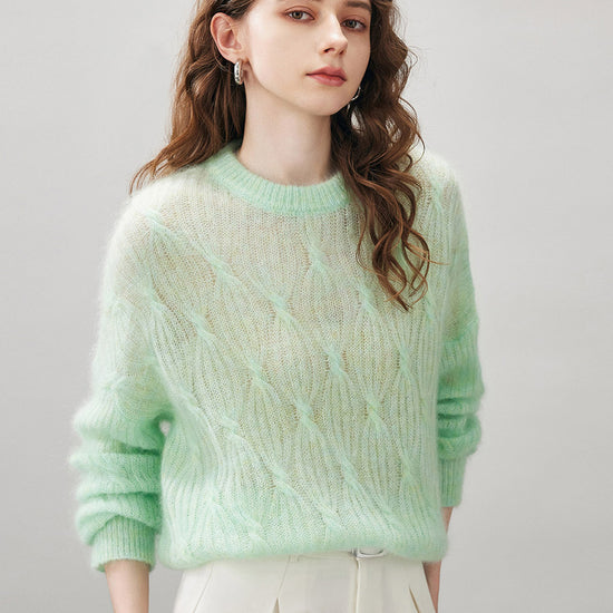 COMOBOCA Women's Mohair Cable Knit Round Neck Sweater