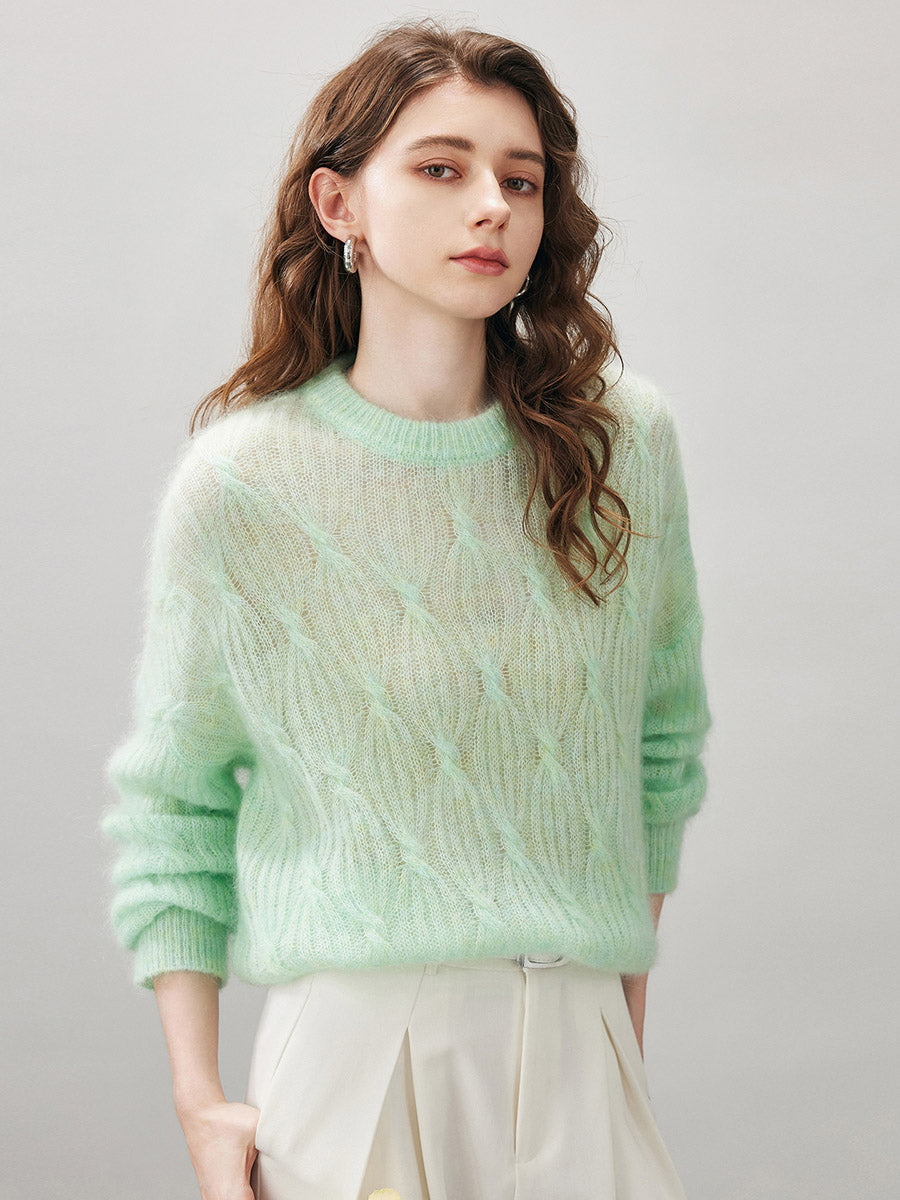 COMOBOCA Women's Mohair Cable Knit Round Neck Sweater