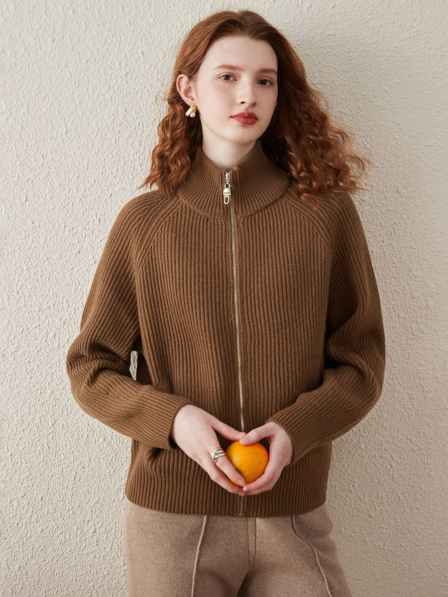 COMOBOCA 100% Wool Women's Half-High Neck Zip Cardigan