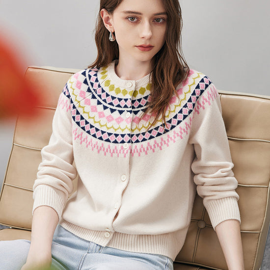 COMOBOCA 100% Wool Women's Fair Isle Inspired Button Down Cardigan