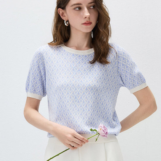 COMOBOCA Geometric Women's Geometric Monogram Intarsia Knit T-Shirt