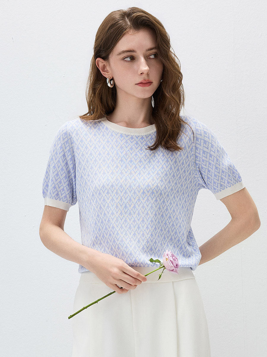 COMOBOCA Geometric Women's Geometric Monogram Intarsia Knit T-Shirt