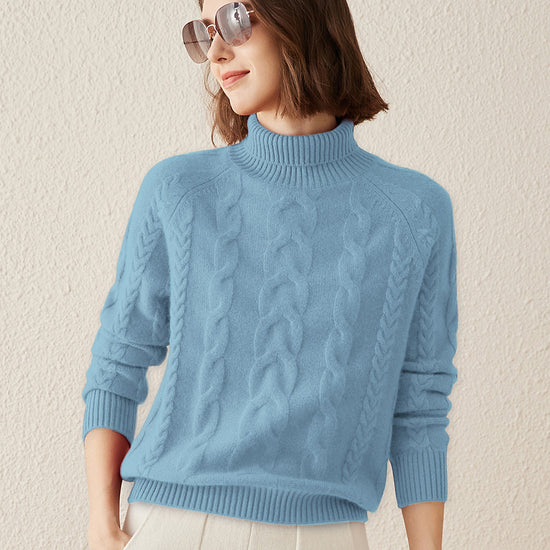 COMOBOCA Light Blue 100% Cashmere Women's Turtleneck Cable Knit Sweater