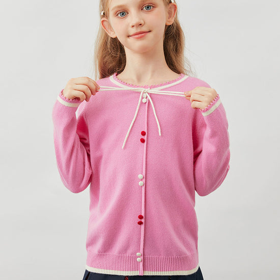 COMOBOCA Pink 100% Wool Kids' Tie-Neck Contrast Trim Sweater
