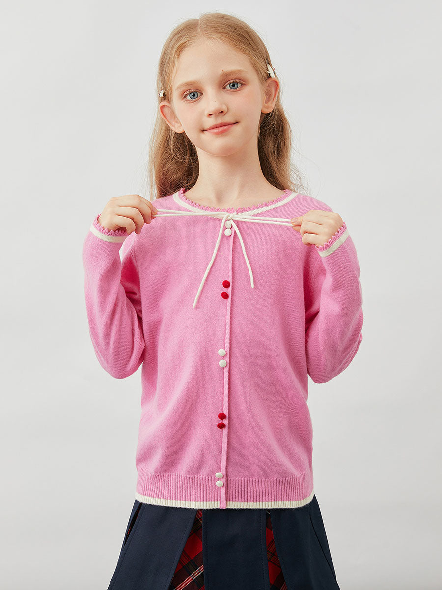 COMOBOCA Pink 100% Wool Kids' Tie-Neck Contrast Trim Sweater