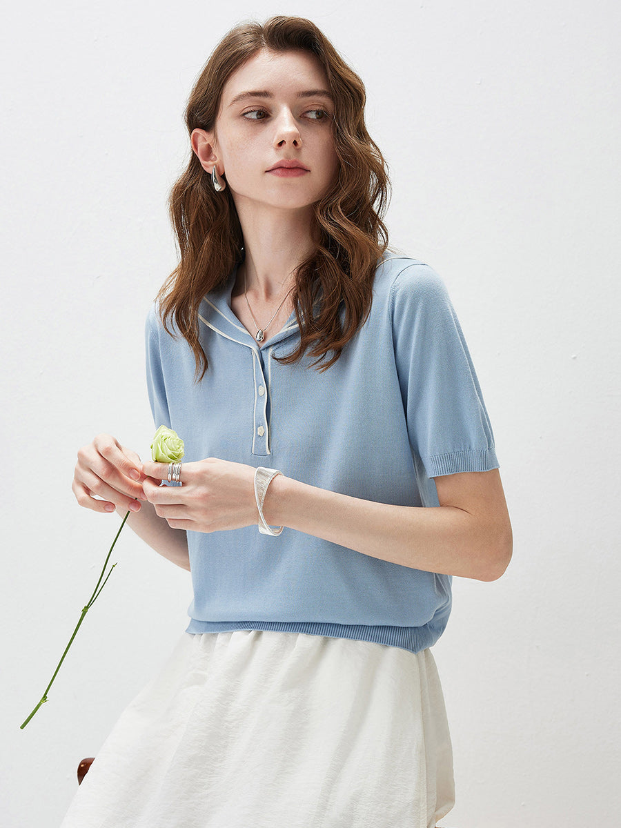COMOBOCA Women's Sailor Collar Contrast Trim Knit Polo T-Shirt