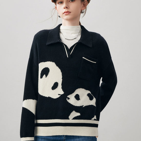 COMOBOCA 100% Cashmere Women's Panda Pattern Polo Collar Sweater