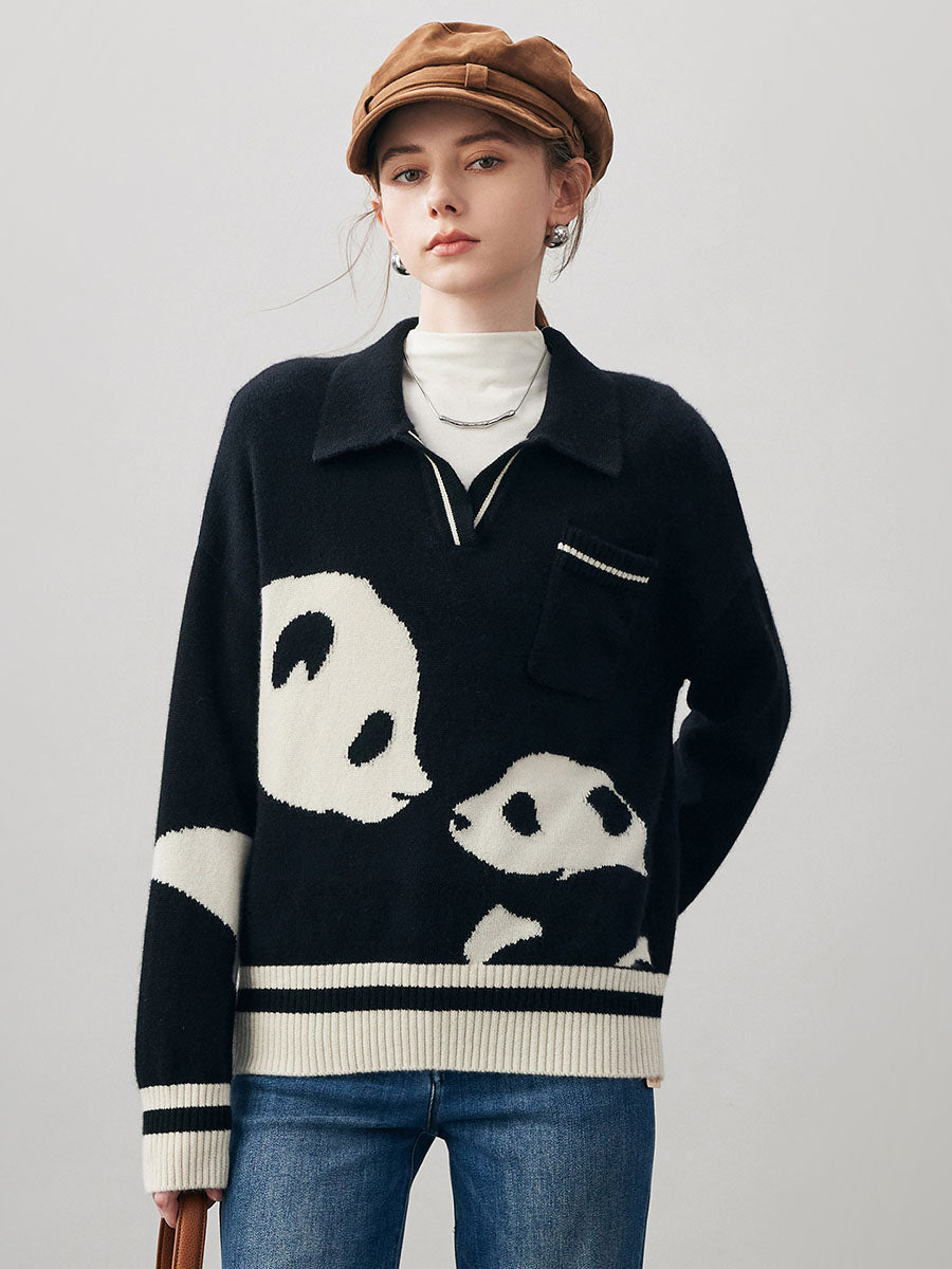 COMOBOCA 100% Cashmere Women's Panda Pattern Polo Collar Sweater
