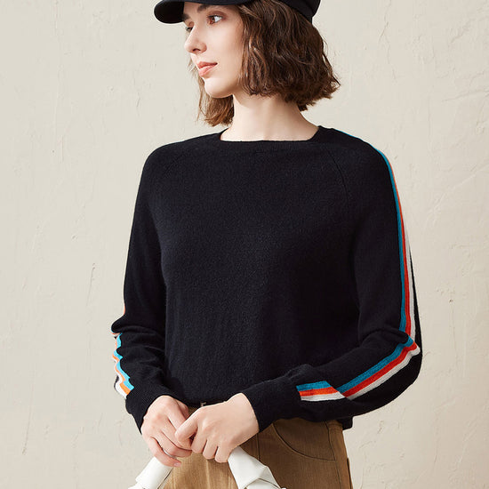 COMOBOCA Black 100% Cashmere Women's Colorful Side Stripes Knit Sweater