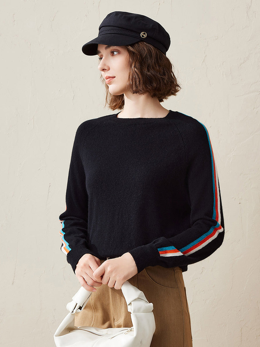 COMOBOCA Black 100% Cashmere Women's Colorful Side Stripes Knit Sweater
