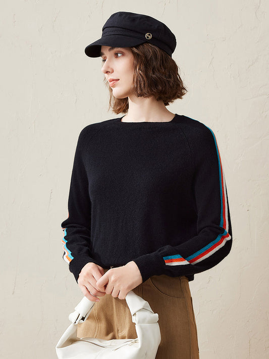 COMOBOCA Black 100% Cashmere Women's Colorful Side Stripes Knit Sweater