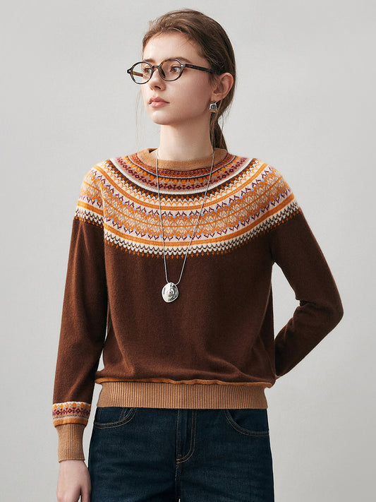 COMOBOCA Brown 100% Cashmere Women's Fair Isle Round Neck Sweater