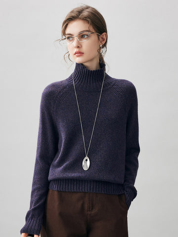 COMOBOCA Deep Purple 100% Cashmere Women's Ribbed Turtleneck Sweater