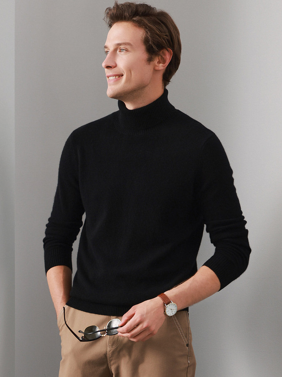 COMOBOCA BLACK 100% Cashmere Men's Ribbed Turtleneck Sweater