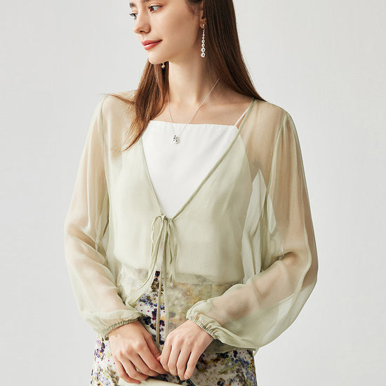 COMOBOCA Light Green 100% Mulberry Silk Women's Tie-Front Blouse