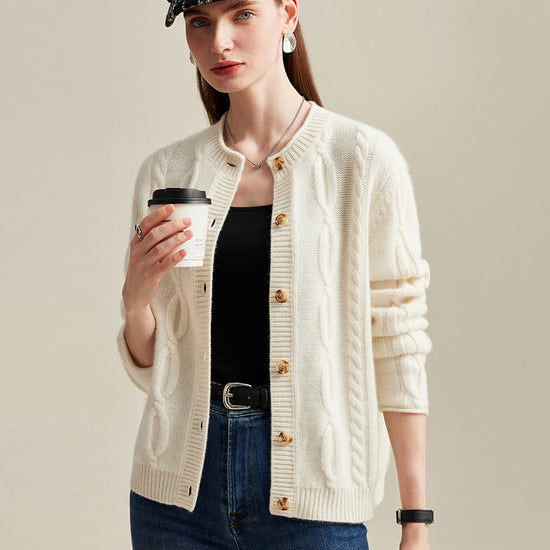 COMOBOCA White 100% Cashmere Women's Cable Knit Cardigan