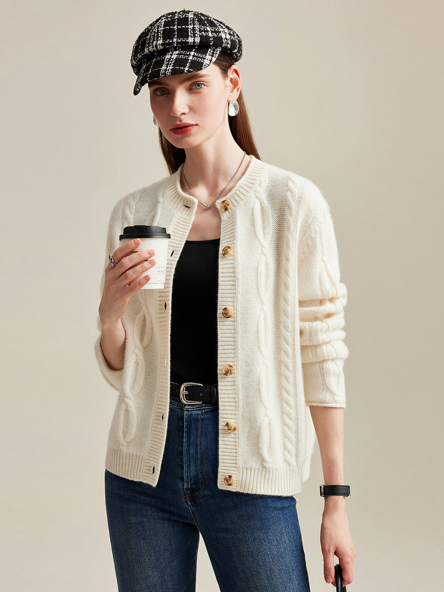 COMOBOCA White 100% Cashmere Women's Cable Knit Cardigan