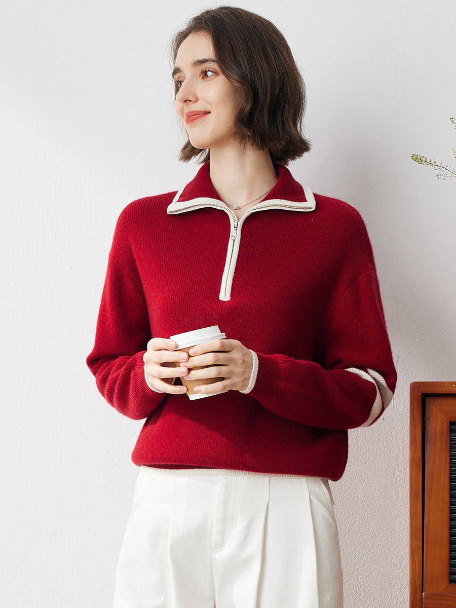 COMOBOCA Red 100% Cashmere Women's Contrast Trim Zip Sweater