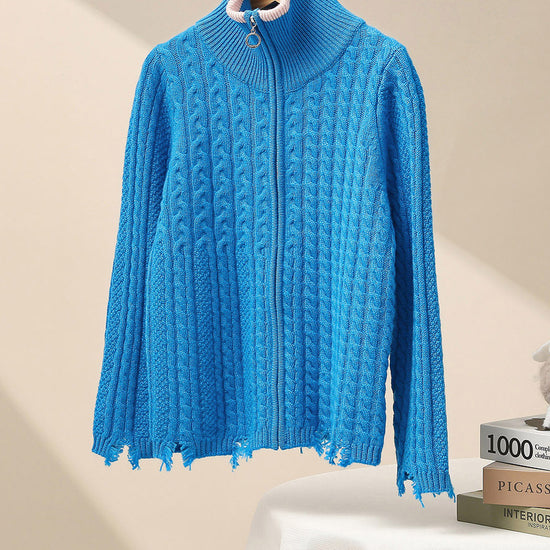 COMOBOCA 100% Wool Kid's Cable Knit Turtleneck Zip Up Cardigan