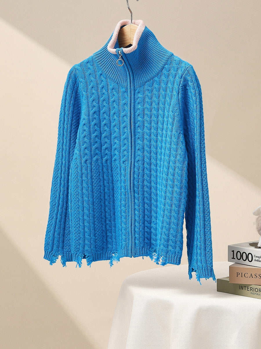 COMOBOCA 100% Wool Kid's Cable Knit Turtleneck Zip Up Cardigan