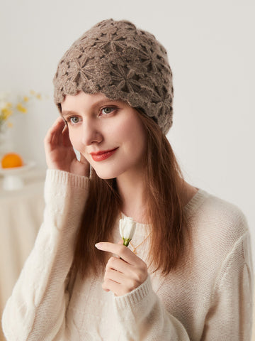 COMOBOCA Coffee Camel 100% Cashmere Women's Floral Crochet Knit Beanie