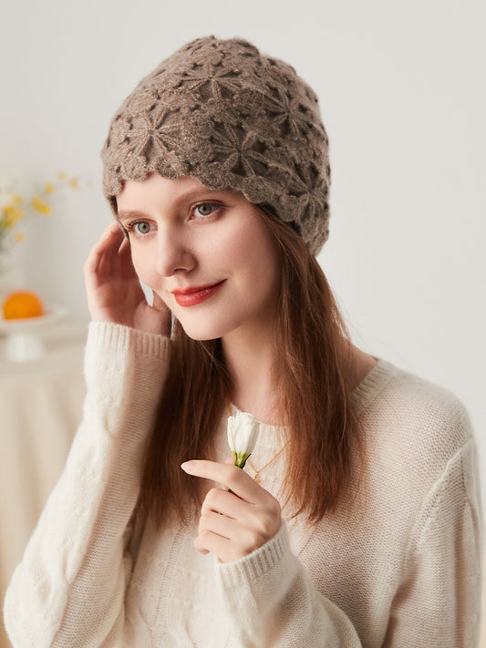 COMOBOCA Coffee Camel 100% Cashmere Women's Floral Crochet Knit Beanie