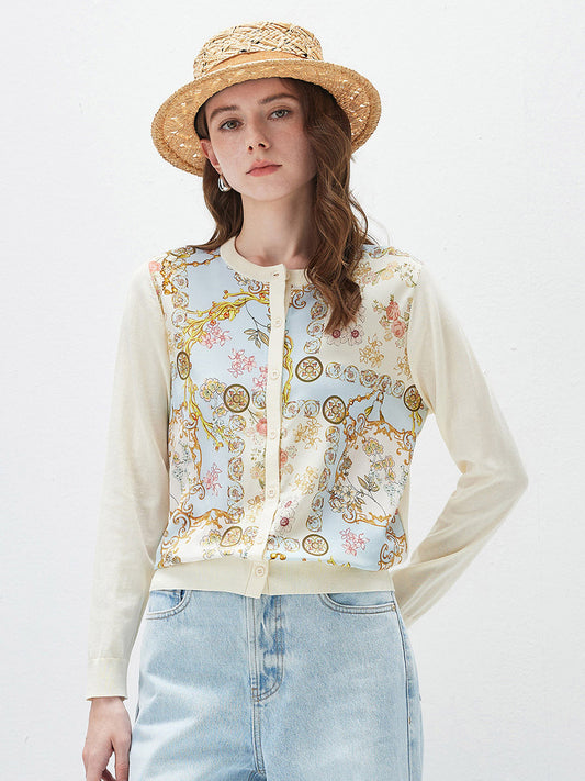 COMOBOCA Light Blue Women's Printed Panel Knit Cardigan