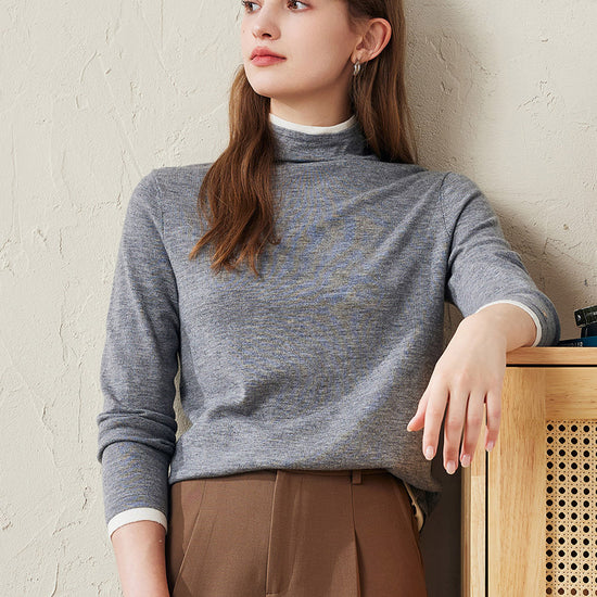 COMOBOCA Gray 100% Wool Women's Lightweight Turtleneck Sweater