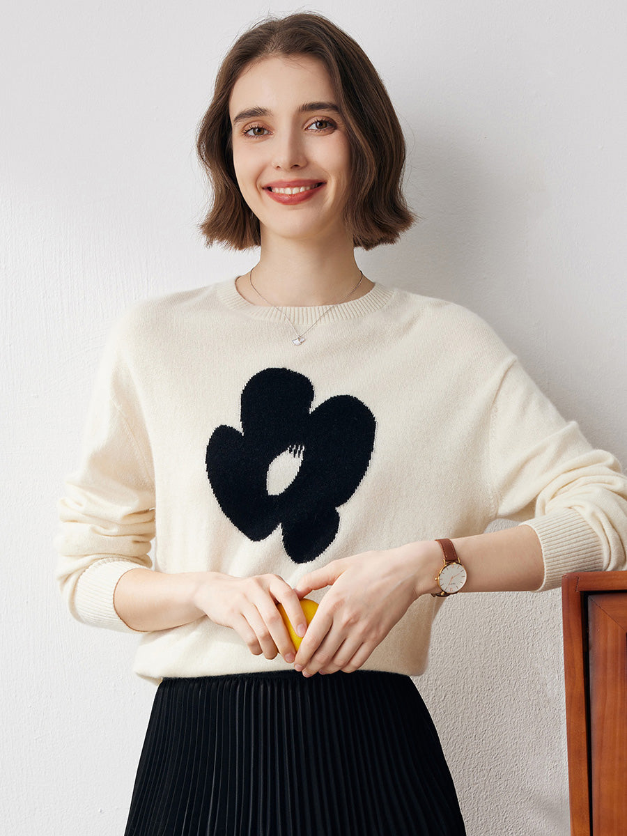 COMOBOCA White 100% Cashmere Women's Floral Knit Sweater