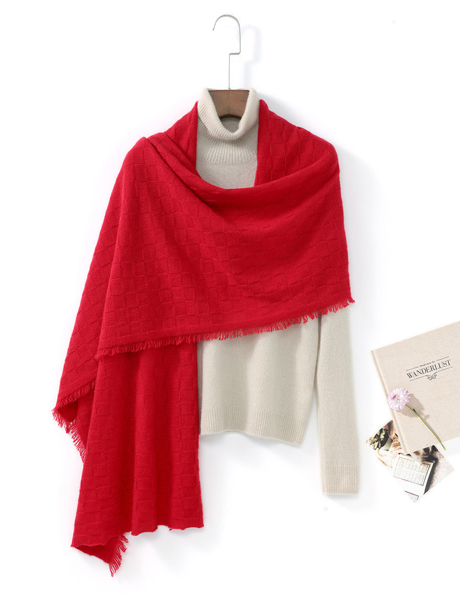 COMOBOCA RED 100% Cashmere Fringe Solid Color Shawl Scarf