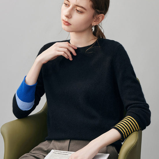 COMOBOCA 100% Cashmere Women's Color-Blocked Sleeve Knit Sweater
