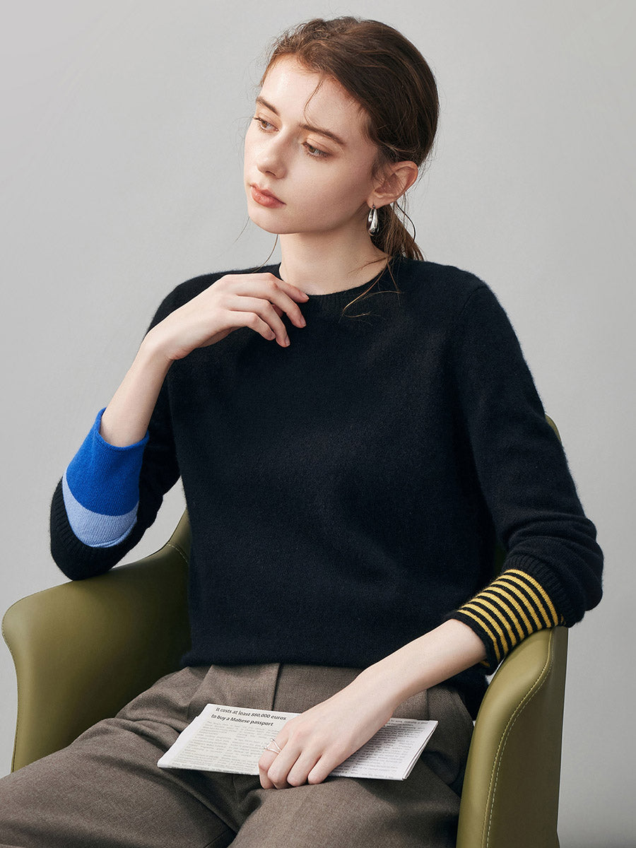 COMOBOCA 100% Cashmere Women's Color-Blocked Sleeve Knit Sweater