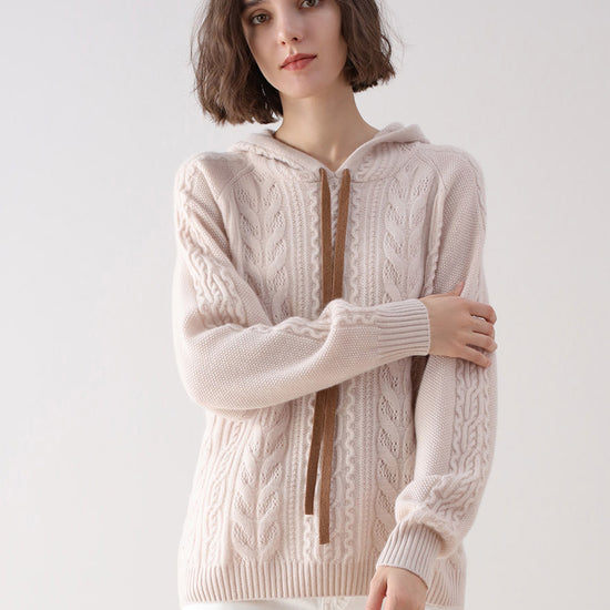 COMOBOCA BEIGE 100% Cashmere Women's Solid Color Sweater Hoodie