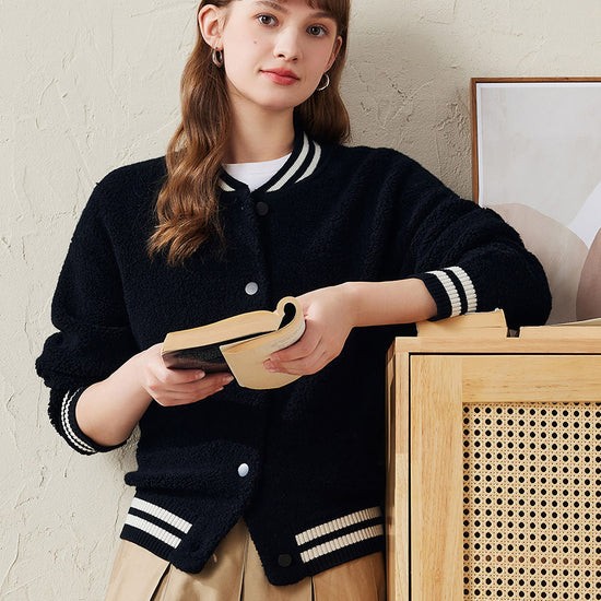 COMOBOCA 100% Wool Women's Striped Ribbing Jacket