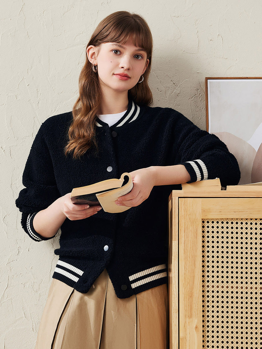 COMOBOCA 100% Wool Women's Striped Ribbing Jacket