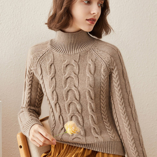 COMOBOCA 100% Cashmere Women's Turtleneck Cable Knit Sweater