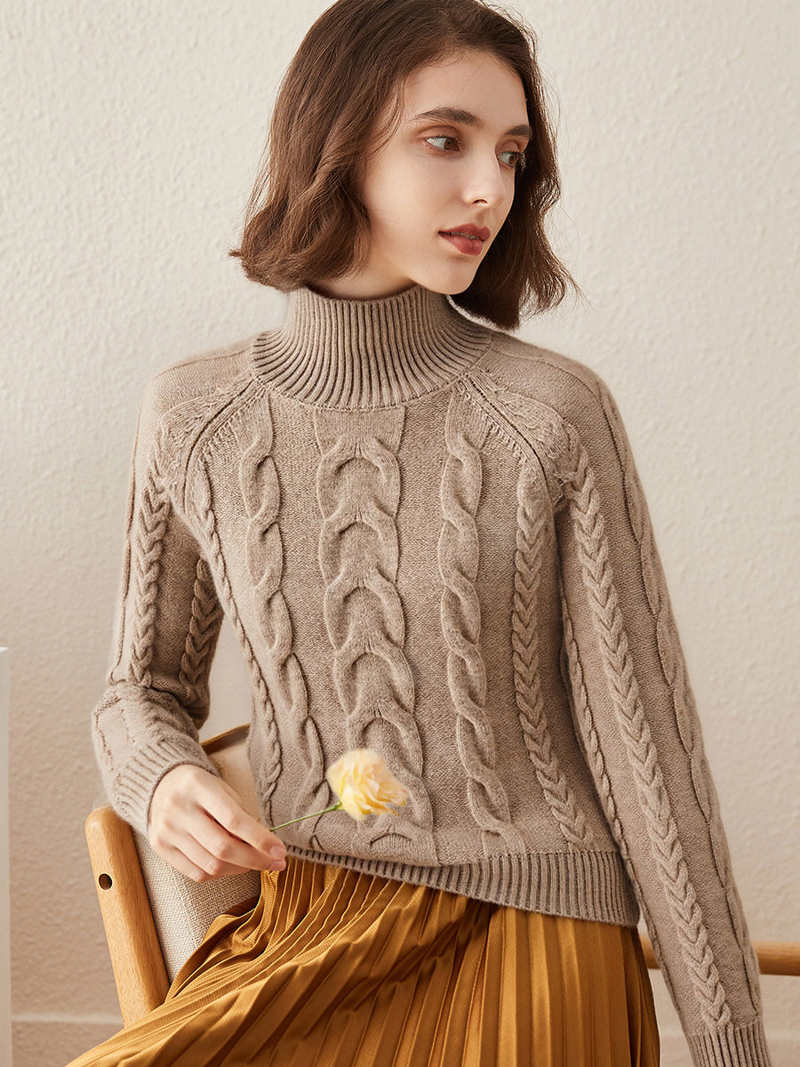 COMOBOCA 100% Cashmere Women's Turtleneck Cable Knit Sweater