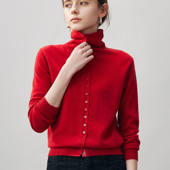 COMOBOCA Red 100% Cashmere Women's Turtleneck Button-Up Cardigan