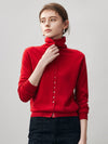 COMOBOCA Red 100% Cashmere Women's Turtleneck Button-Up Cardigan