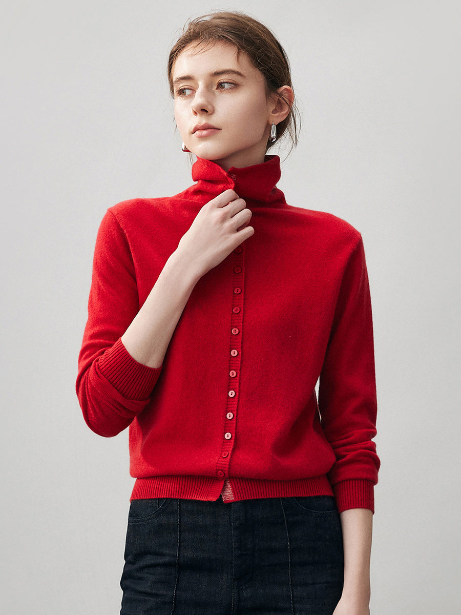 COMOBOCA Red 100% Cashmere Women's Turtleneck Button-Up Cardigan