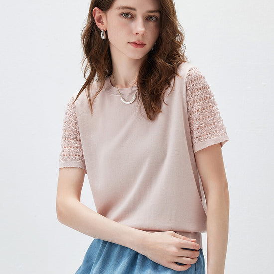 COMOBOCA Women's Lace Round Neck Knit T-Shirt