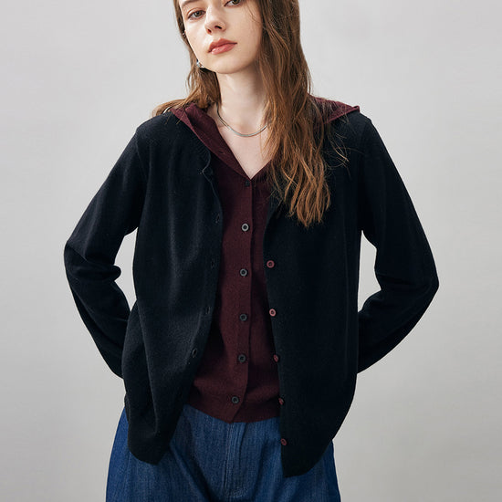 COMOBOCA Black 100% Wool Women's Contrast Button Down Hoodie