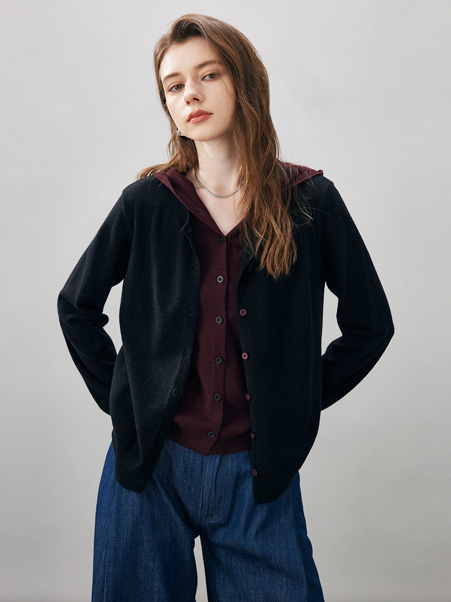 COMOBOCA Black 100% Wool Women's Contrast Button Down Hoodie