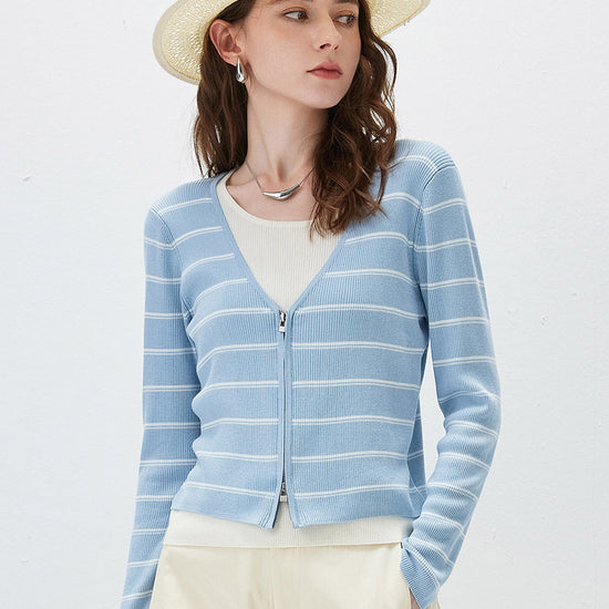 COMOBOCA Light Blue Women's Striped Ribbed Knit Faux 2-in-1 Zip Cardigan