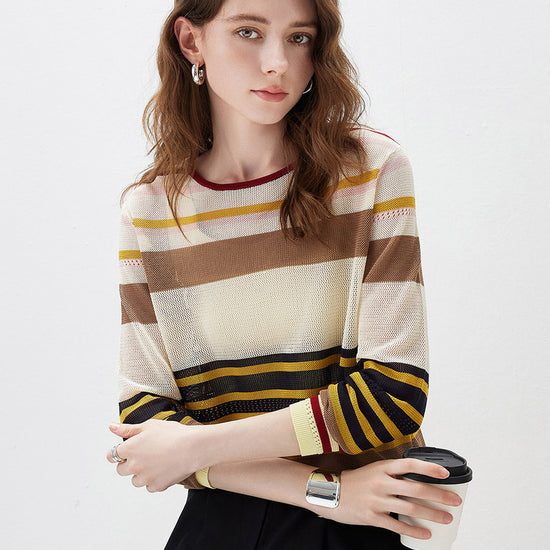 COMOBOCA Women's Multi Striped Mesh Knit Round Neck Sweater