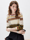 COMOBOCA Women's Multi Striped Mesh Knit Round Neck Sweater