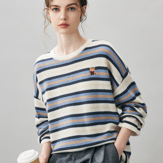COMOBOCA White 100% Cashmere Women's Striped Knit Sweater