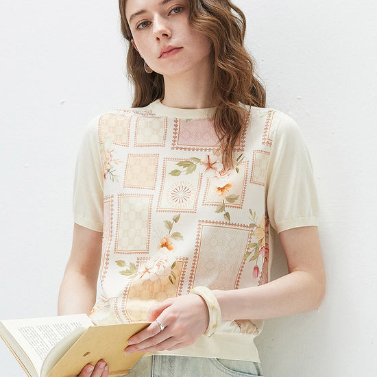 COMOBOCA Light Pink Women's Mixed Print Short Sleeve Knit Top