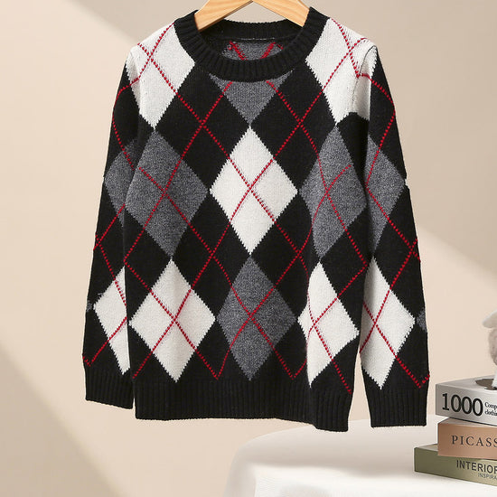 COMOBOCA 100% Wool Kids' Ribbed Argyle Knit Sweater